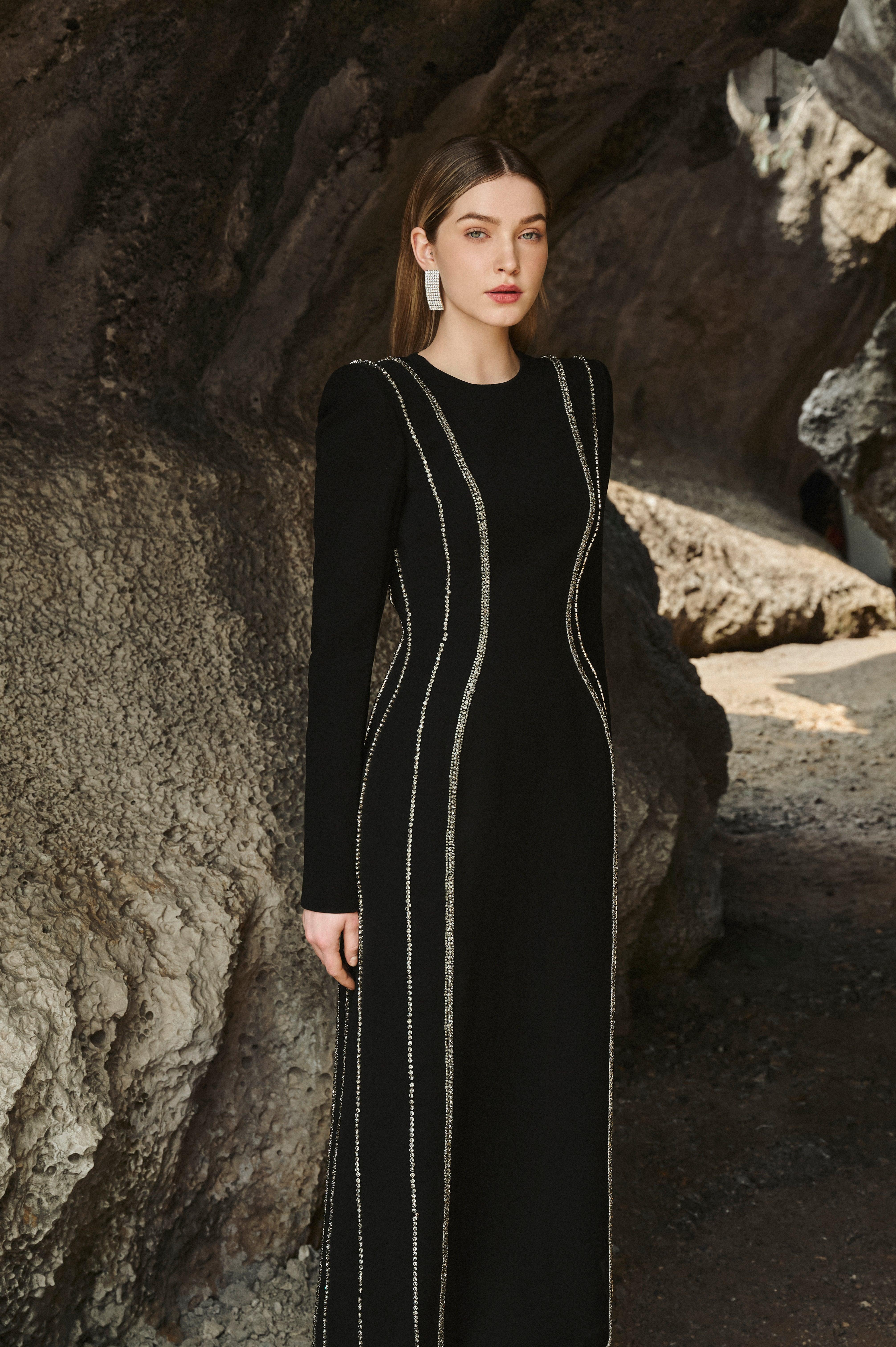 Crystal Embellished Long Sleeve Bodycon Midi Dress - TRACY COUTURE